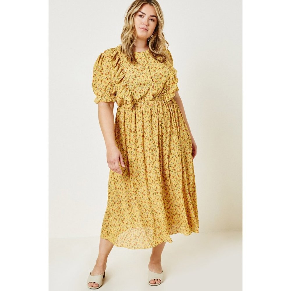 Hayden Plus Yellow Floral Pleated Button Down Puff Sleeves Midi Dress